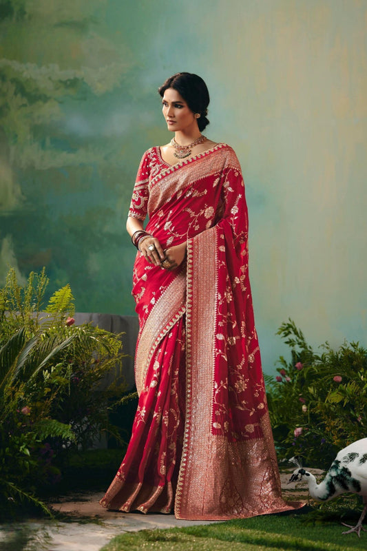 Red Silk Saree Embroidery Designer  Matching Blouse