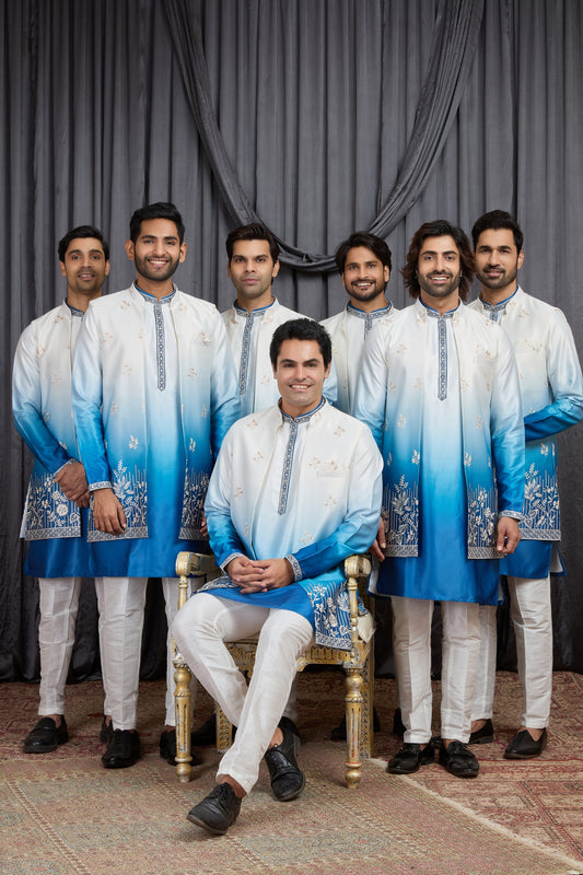 Stylish Blue Art Silk Embroidered Kurta Pyjama with Jacket Set for Men