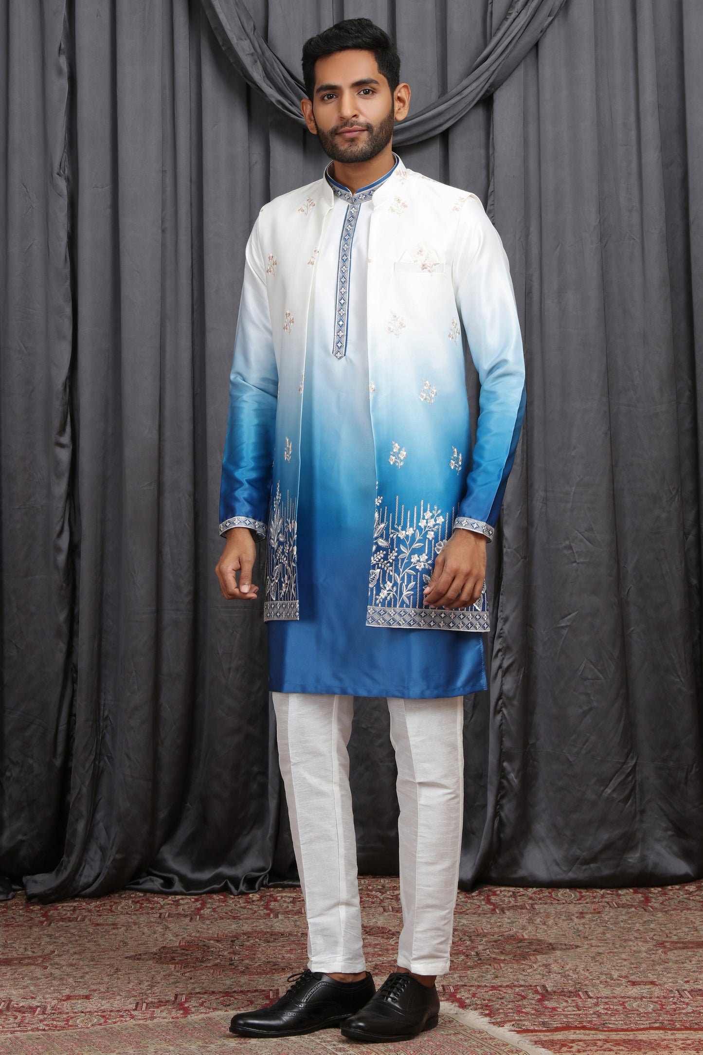 Stylish Blue Art Silk Embroidered Kurta Pyjama with Jacket Set for Men