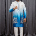 Stylish Blue Art Silk Embroidered Kurta Pyjama with Jacket Set for Men