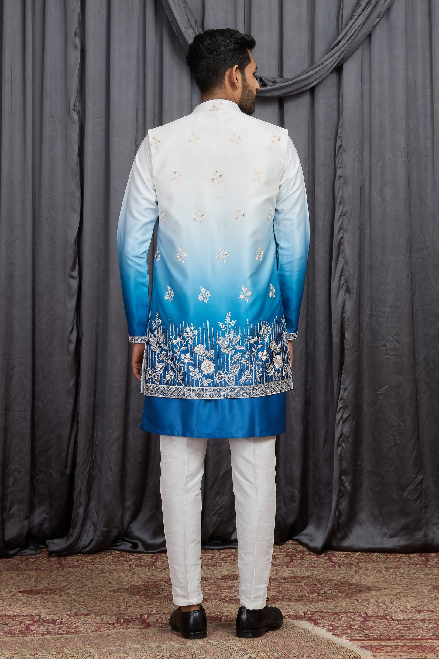 Stylish Blue Art Silk Embroidered Kurta Pyjama with Jacket Set for Men