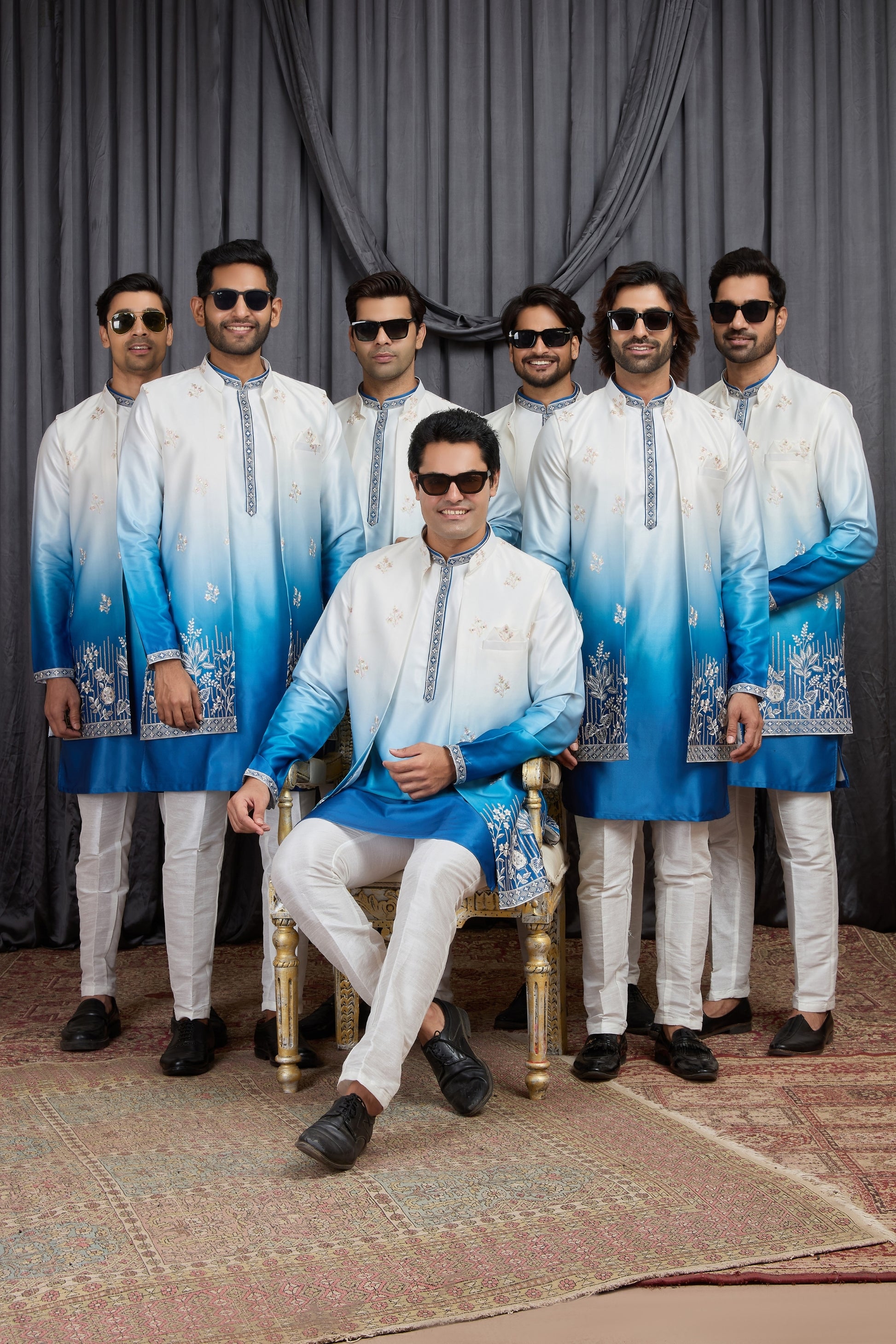 Stylish Blue Art Silk Embroidered Kurta Pyjama with Jacket Set for Men