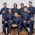 Trendy Navy Blue Art Silk Embroidered Kurta Pyjama with Designer Jacket Set for Men
