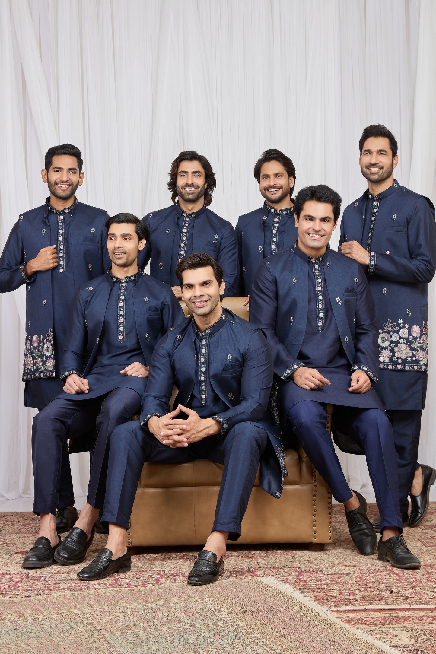 Trendy Navy Blue Art Silk Embroidered Kurta Pyjama with Designer Jacket Set for Men