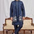 Trendy Navy Blue Art Silk Embroidered Kurta Pyjama with Designer Jacket Set for Men