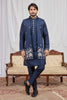 Trendy Navy Blue Art Silk Embroidered Kurta Pyjama with Designer Jacket Set for Men