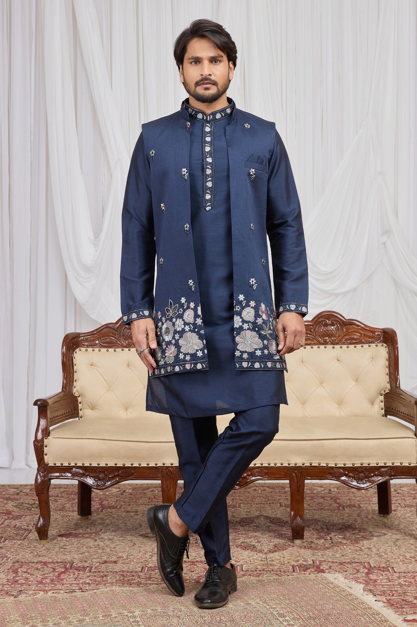 Trendy Navy Blue Art Silk Embroidered Kurta Pyjama with Designer Jacket Set for Men