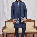 Trendy Navy Blue Art Silk Embroidered Kurta Pyjama with Designer Jacket Set for Men