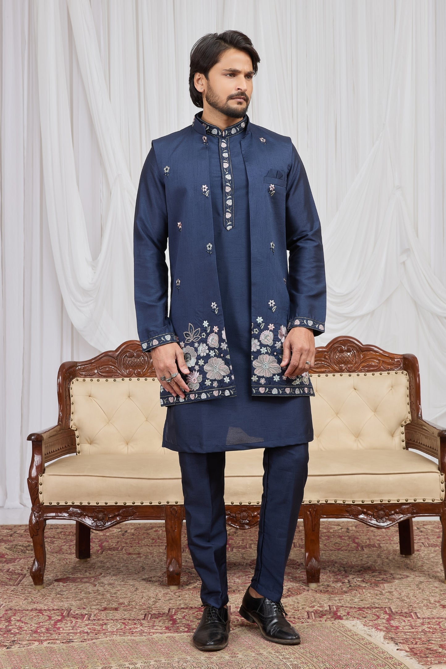 Trendy Navy Blue Art Silk Embroidered Kurta Pyjama with Designer Jacket Set for Men