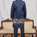 Trendy Navy Blue Art Silk Embroidered Kurta Pyjama with Designer Jacket Set for Men