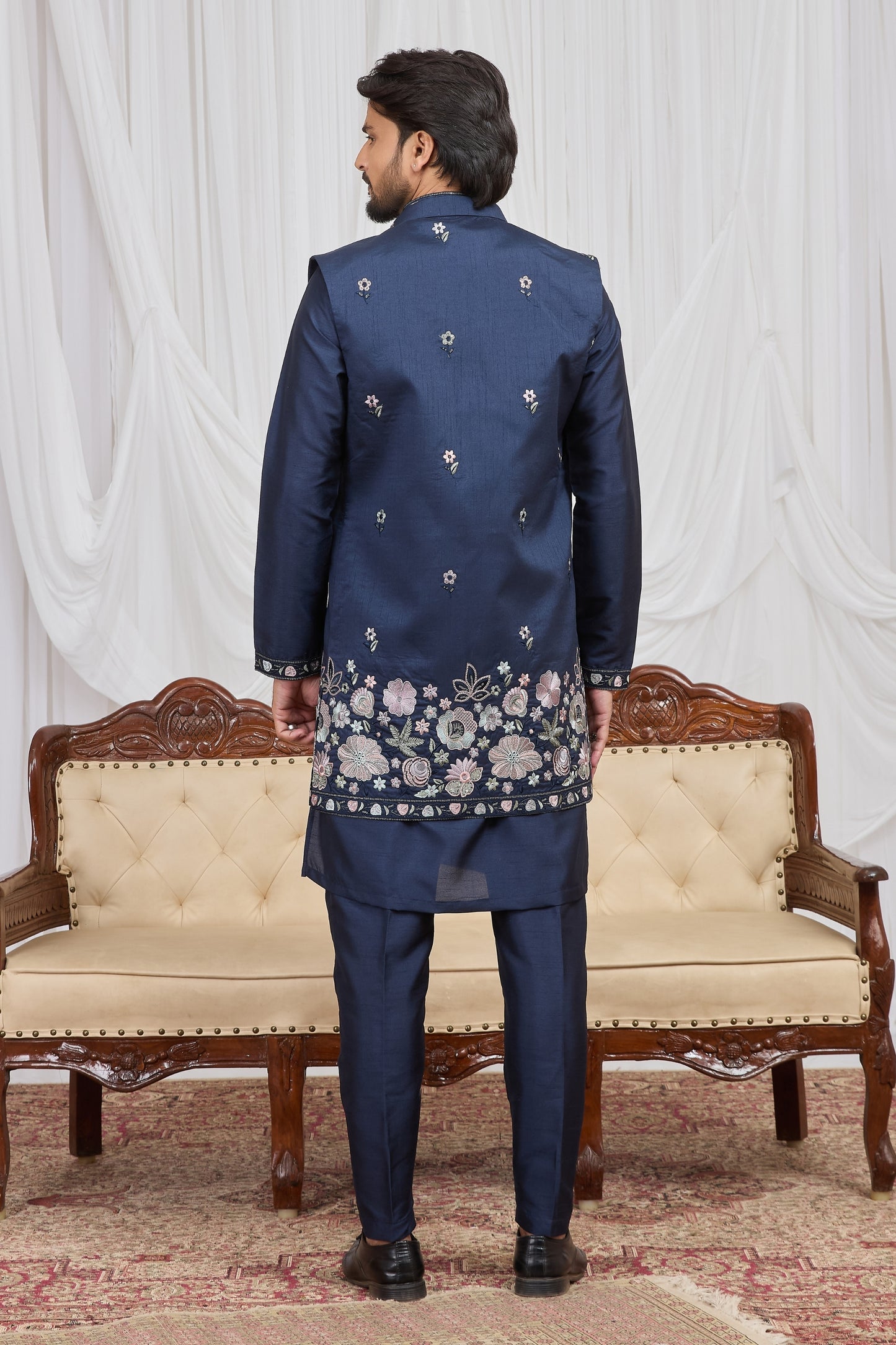 Trendy Navy Blue Art Silk Embroidered Kurta Pyjama with Designer Jacket Set for Men