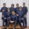 Trendy Navy Blue Art Silk Embroidered Kurta Pyjama with Designer Jacket Set for Men