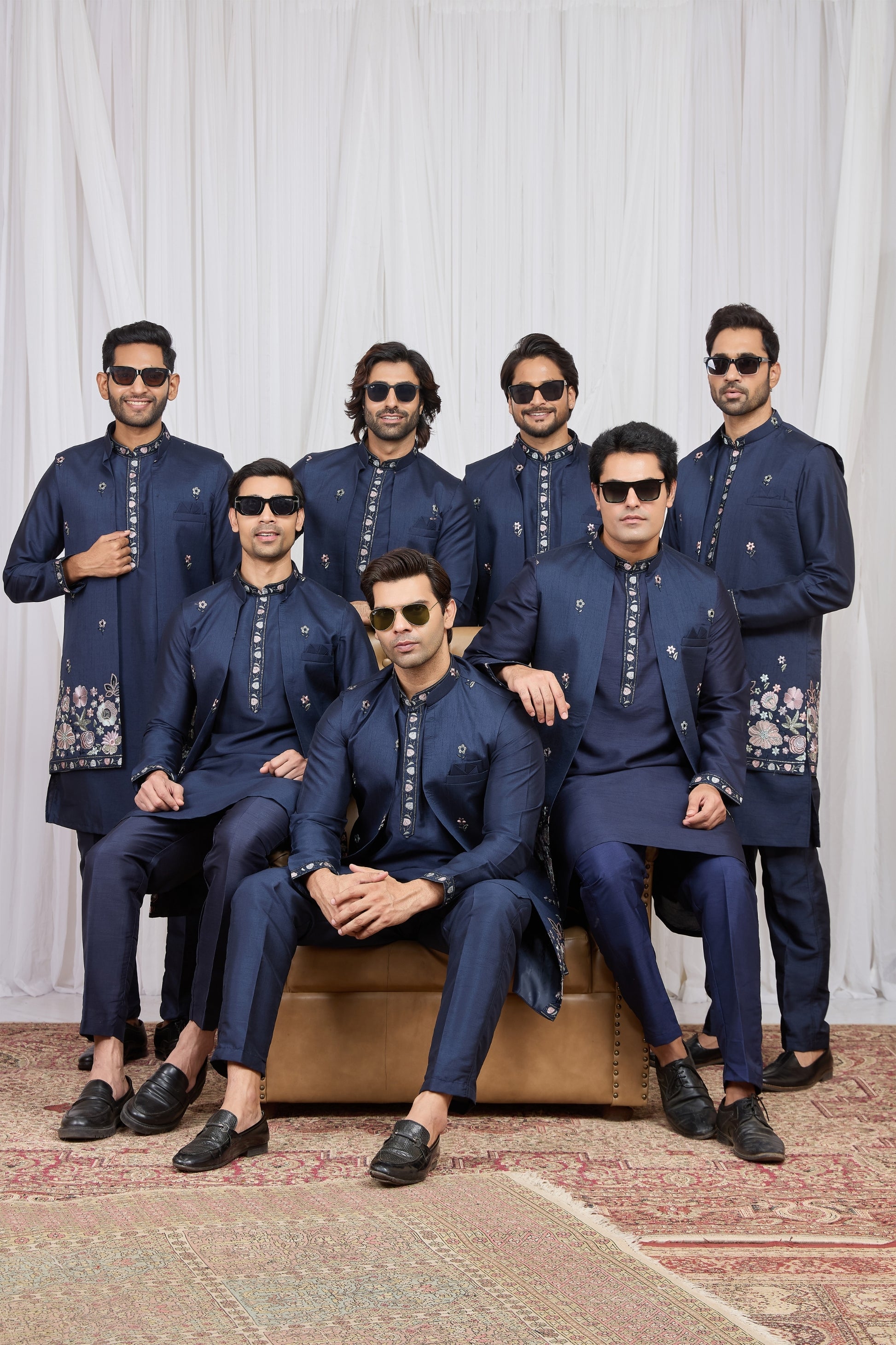 Trendy Navy Blue Art Silk Embroidered Kurta Pyjama with Designer Jacket Set for Men
