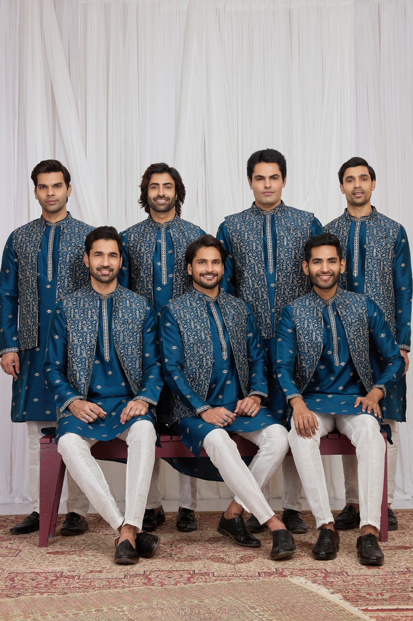 Fancy Teal Blue Art Silk Embroidered Kurta Pyjama with Designer Jacket Set for Men