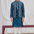 Fancy Teal Blue Art Silk Embroidered Kurta Pyjama with Designer Jacket Set for Men