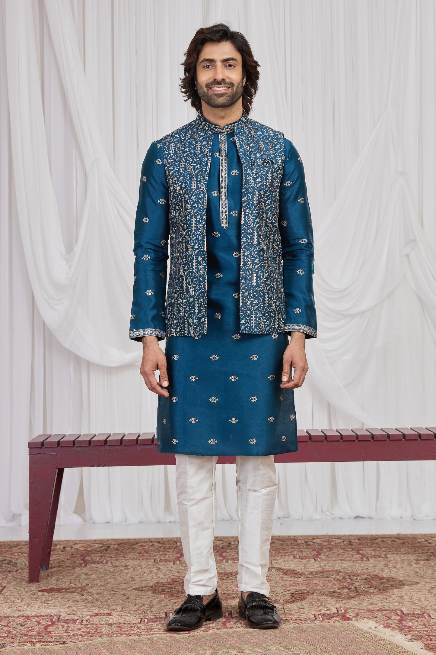 Fancy Teal Blue Art Silk Embroidered Kurta Pyjama with Designer Jacket Set for Men