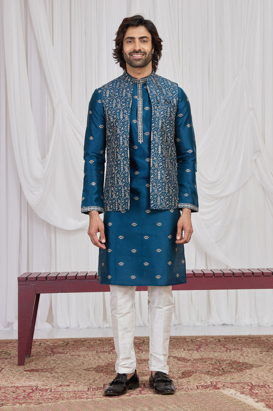 Fancy Teal Blue Art Silk Embroidered Kurta Pyjama with Designer Jacket Set for Men