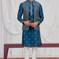 Fancy Teal Blue Art Silk Embroidered Kurta Pyjama with Designer Jacket Set for Men