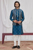 Fancy Teal Blue Art Silk Embroidered Kurta Pyjama with Designer Jacket Set for Men