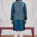 Fancy Teal Blue Art Silk Embroidered Kurta Pyjama with Designer Jacket Set for Men
