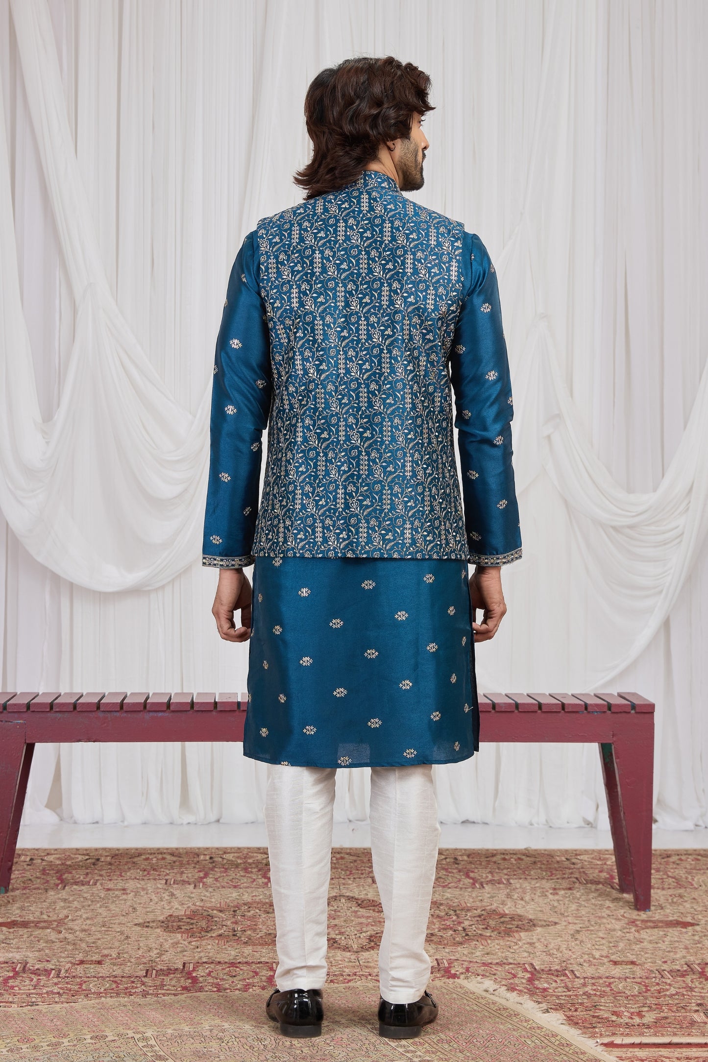 Fancy Teal Blue Art Silk Embroidered Kurta Pyjama with Designer Jacket Set for Men