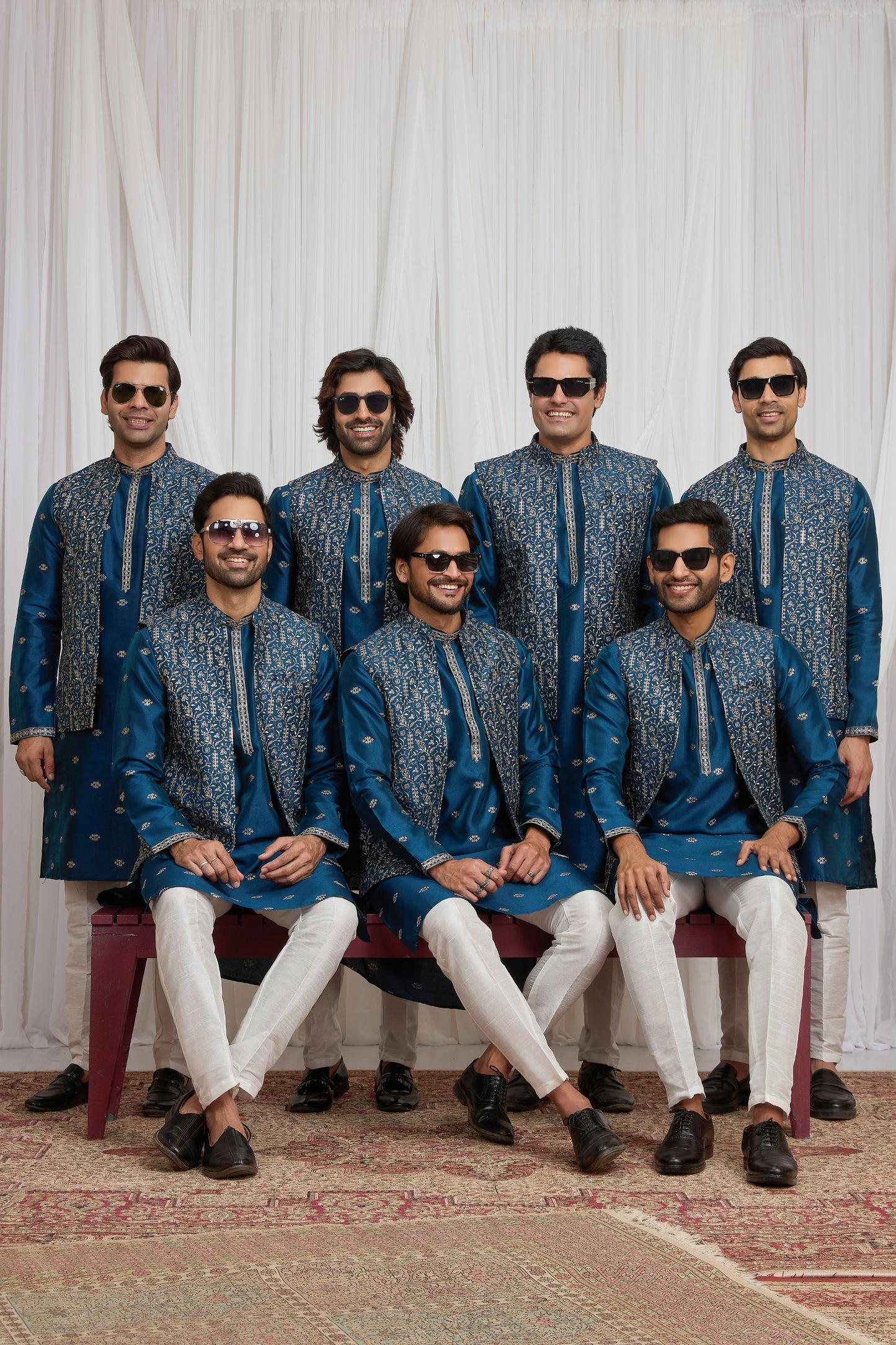 Fancy Teal Blue Art Silk Embroidered Kurta Pyjama with Designer Jacket Set for Men