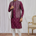 Superb Maroon Art Silk Embroidered Kurta Pyjama with Designer Jacket Set for Men