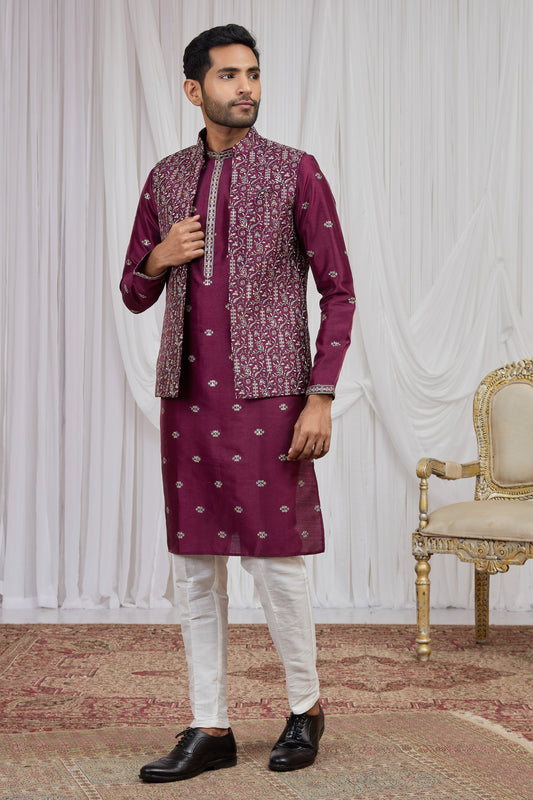 Superb Maroon Art Silk Embroidered Kurta Pyjama with Designer Jacket Set for Men
