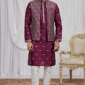 Superb Maroon Art Silk Embroidered Kurta Pyjama with Designer Jacket Set for Men