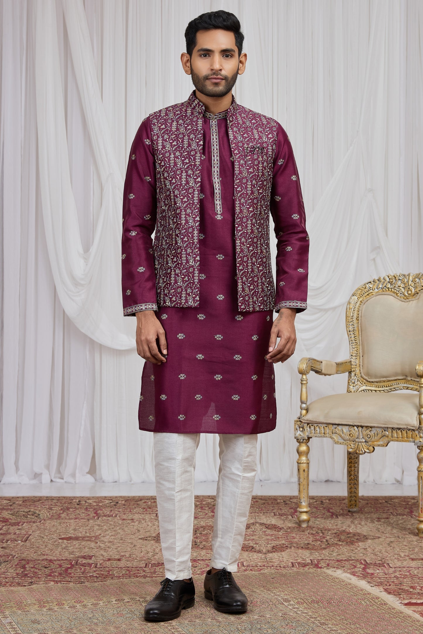 Superb Maroon Art Silk Embroidered Kurta Pyjama with Designer Jacket Set for Men