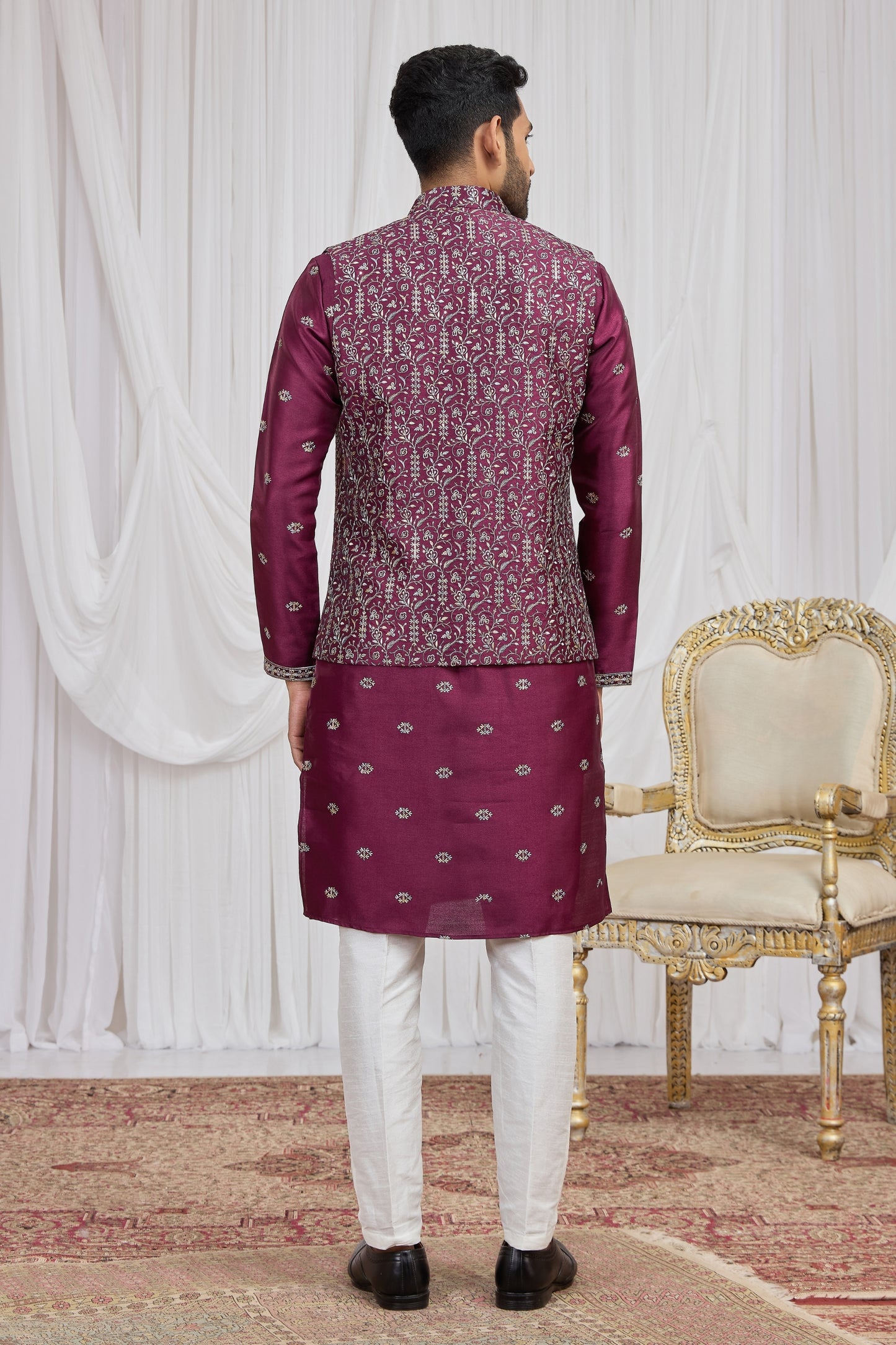 Superb Maroon Art Silk Embroidered Kurta Pyjama with Designer Jacket Set for Men