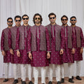 Superb Maroon Art Silk Embroidered Kurta Pyjama with Designer Jacket Set for Men