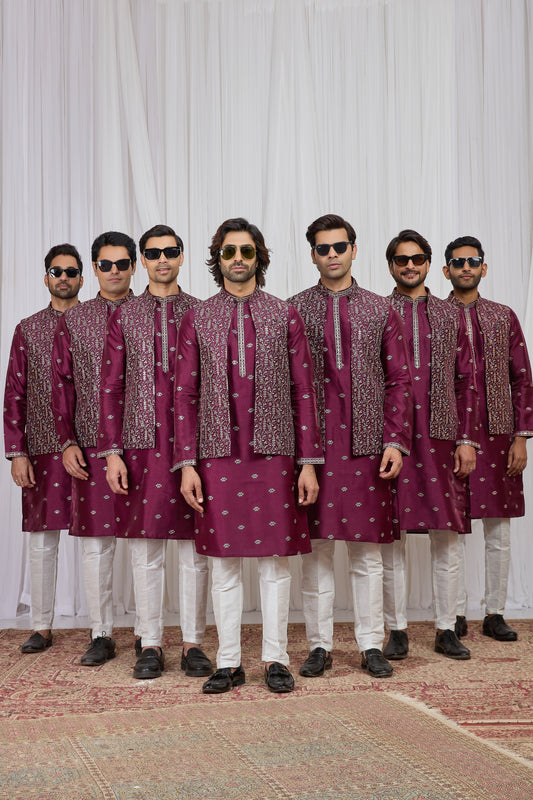 Superb Maroon Art Silk Embroidered Kurta Pyjama with Designer Jacket Set for Men
