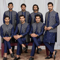 Royal Navy Blue Art Silk Embroidered Wedding Kurta Pyjama with Jacket for Men