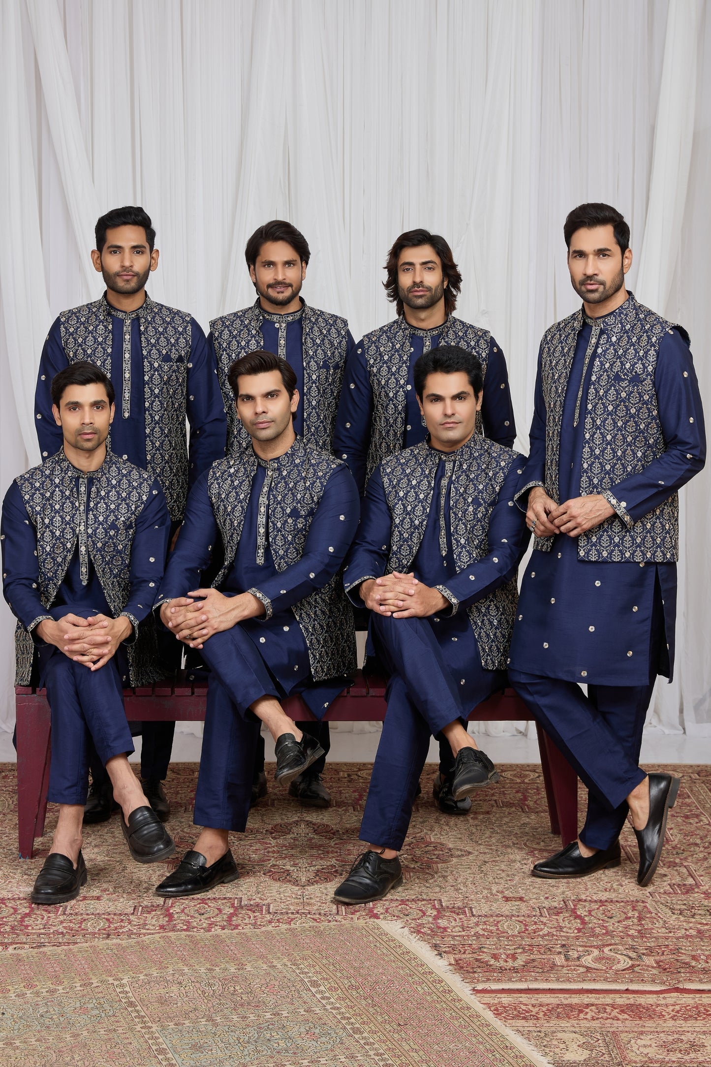 Royal Navy Blue Art Silk Embroidered Wedding Kurta Pyjama with Jacket for Men