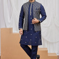 Royal Navy Blue Art Silk Embroidered Wedding Kurta Pyjama with Jacket for Men