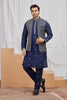 Royal Navy Blue Art Silk Embroidered Wedding Kurta Pyjama with Jacket for Men