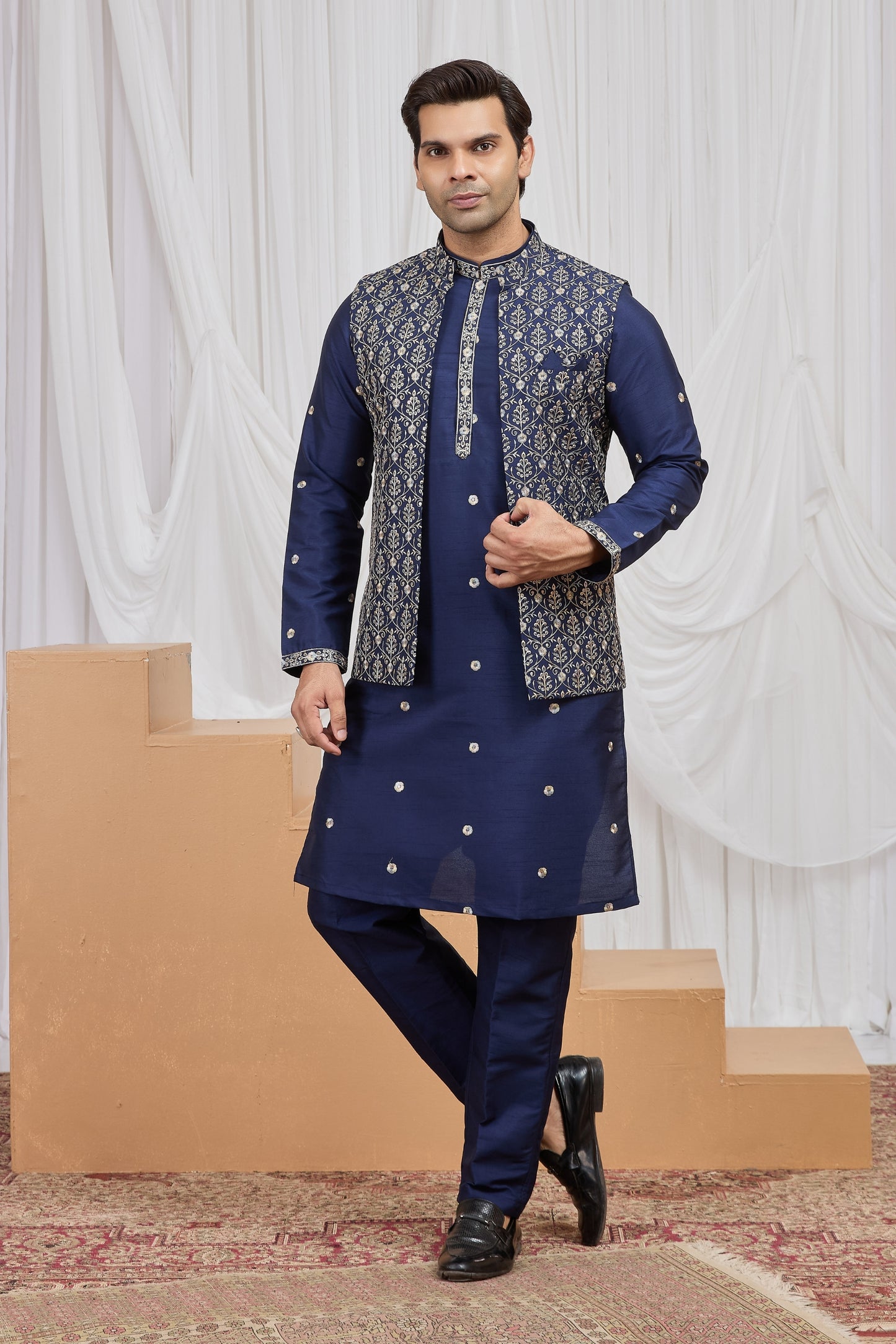 Royal Navy Blue Art Silk Embroidered Wedding Kurta Pyjama with Jacket for Men