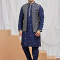 Royal Navy Blue Art Silk Embroidered Wedding Kurta Pyjama with Jacket for Men