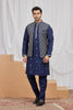 Royal Navy Blue Art Silk Embroidered Wedding Kurta Pyjama with Jacket for Men