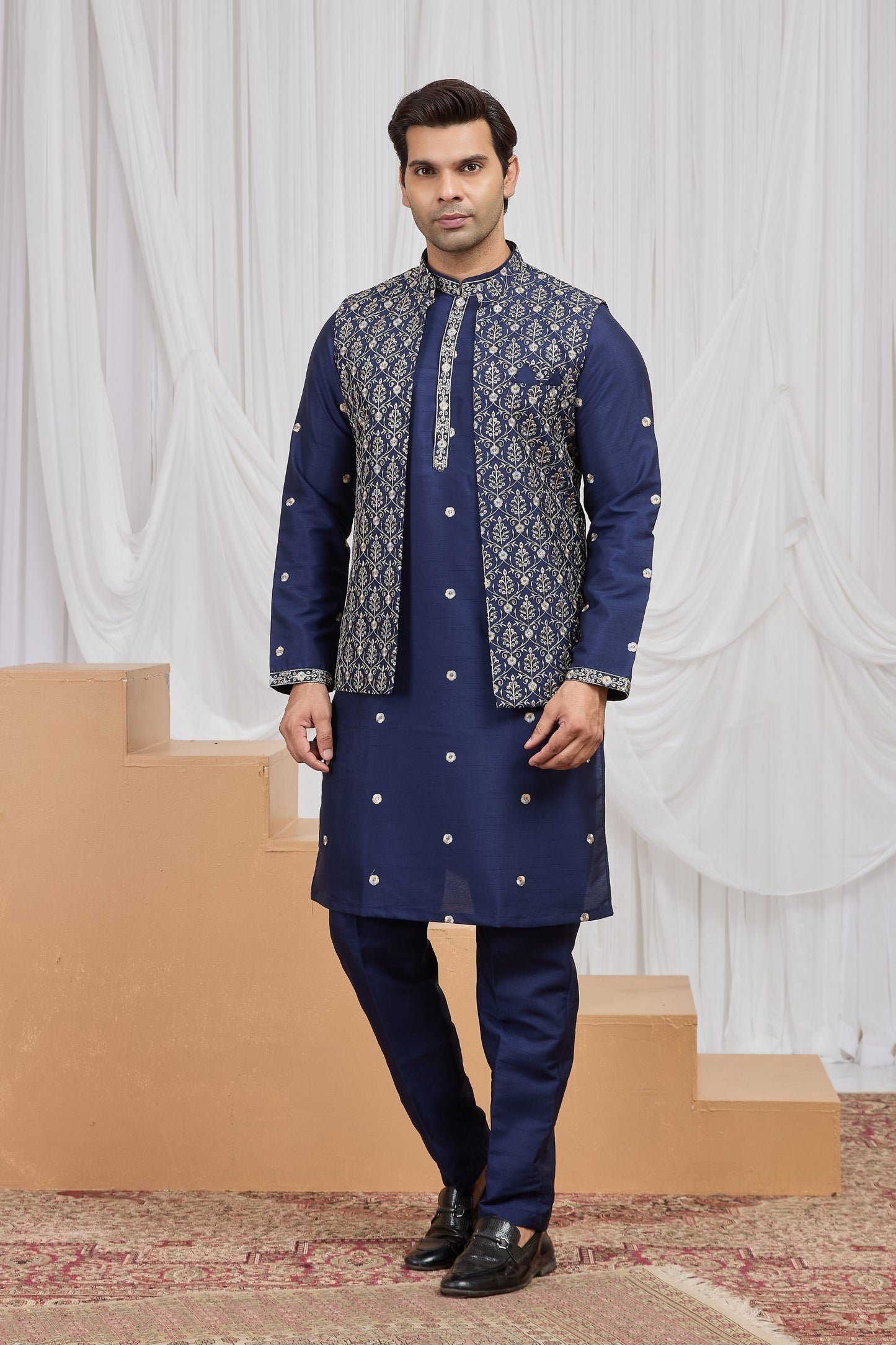 Royal Navy Blue Art Silk Embroidered Wedding Kurta Pyjama with Jacket for Men