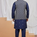 Royal Navy Blue Art Silk Embroidered Wedding Kurta Pyjama with Jacket for Men