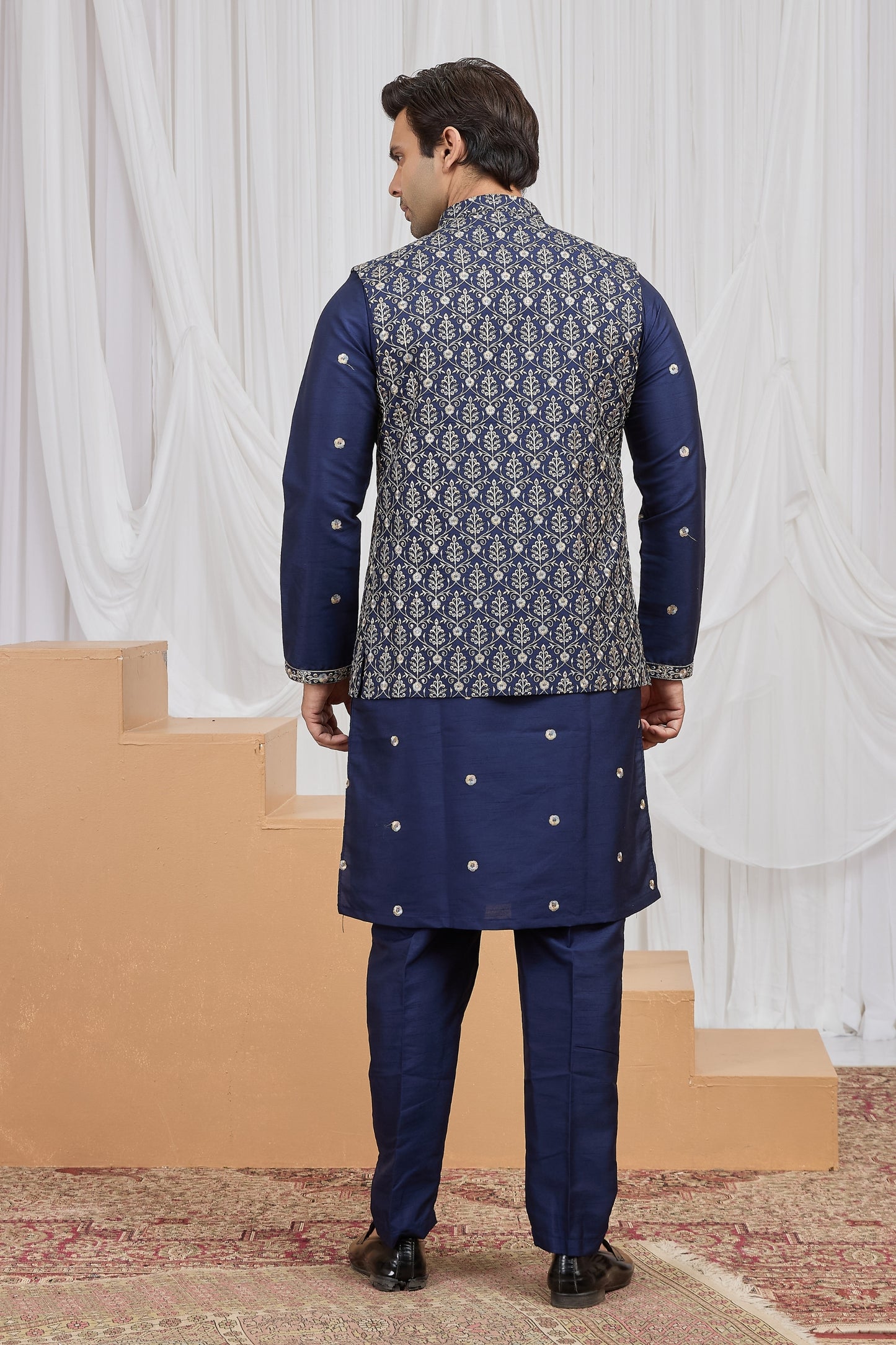 Royal Navy Blue Art Silk Embroidered Wedding Kurta Pyjama with Jacket for Men