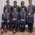 Royal Navy Blue Art Silk Embroidered Kurta Pyjama with Jacket for Men