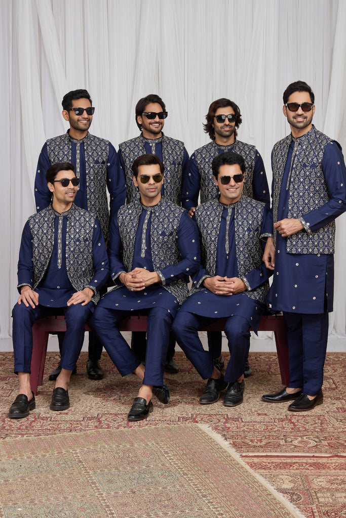 Royal Navy Blue Art Silk Embroidered Kurta Pyjama with Jacket for Men