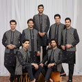 Elegant Black Art Silk Embroidered Wedding Kurta Pyjama with Jacket for Men