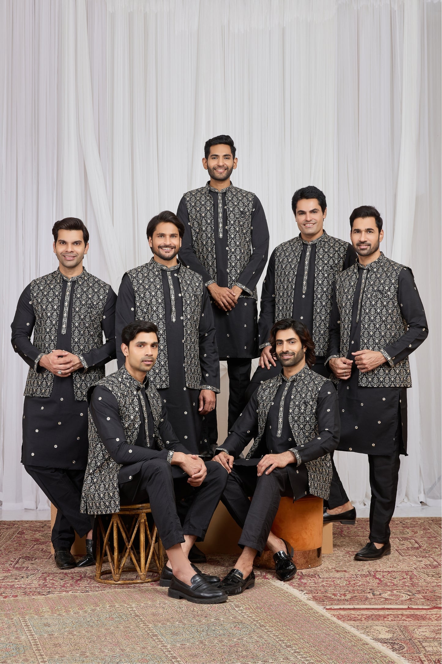 Elegant Black Art Silk Embroidered Wedding Kurta Pyjama with Jacket for Men