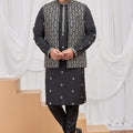 Elegant Black Art Silk Embroidered Wedding Kurta Pyjama with Jacket for Men