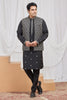 Elegant Black Art Silk Embroidered Wedding Kurta Pyjama with Jacket for Men