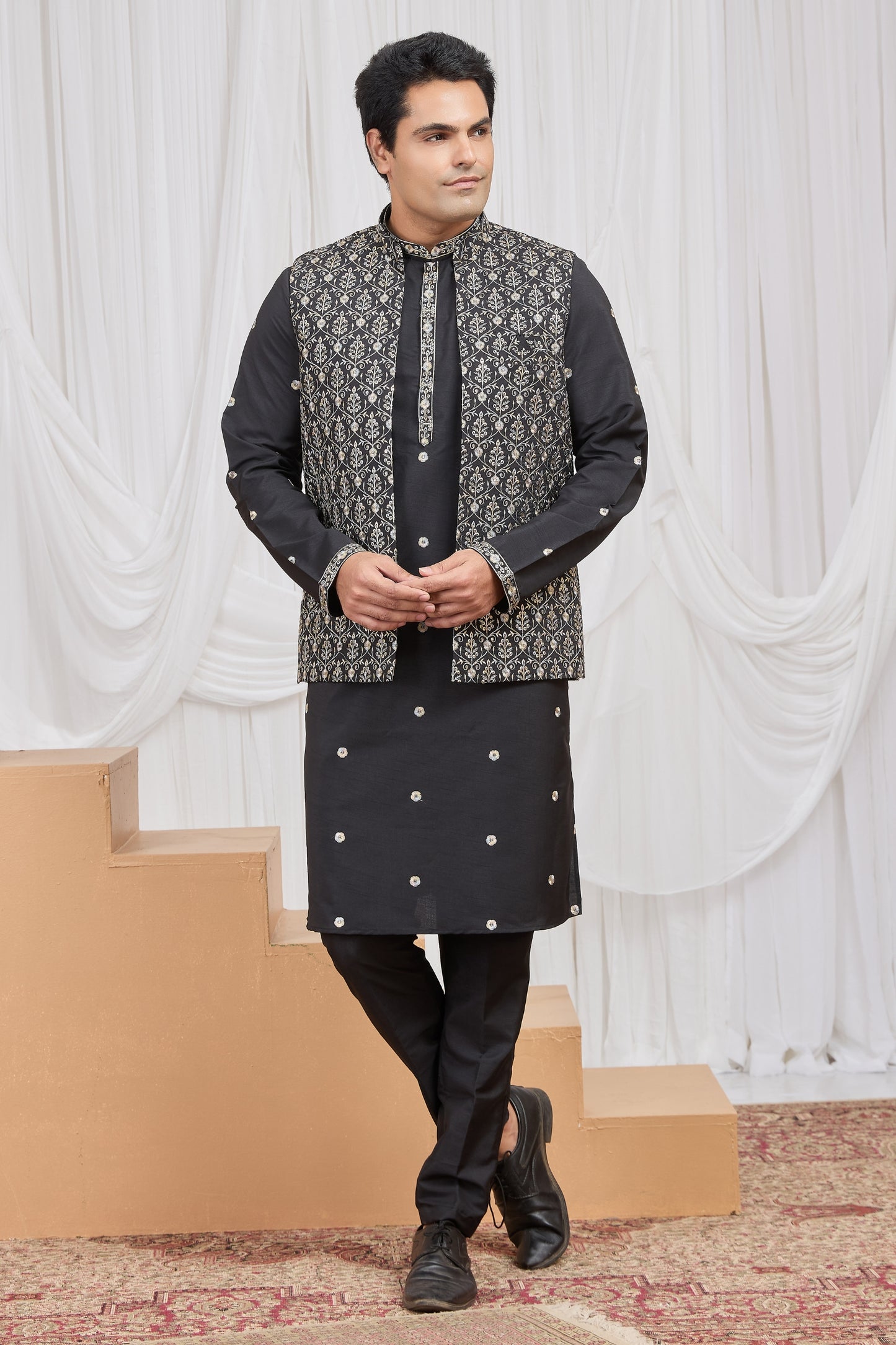 Elegant Black Art Silk Embroidered Wedding Kurta Pyjama with Jacket for Men